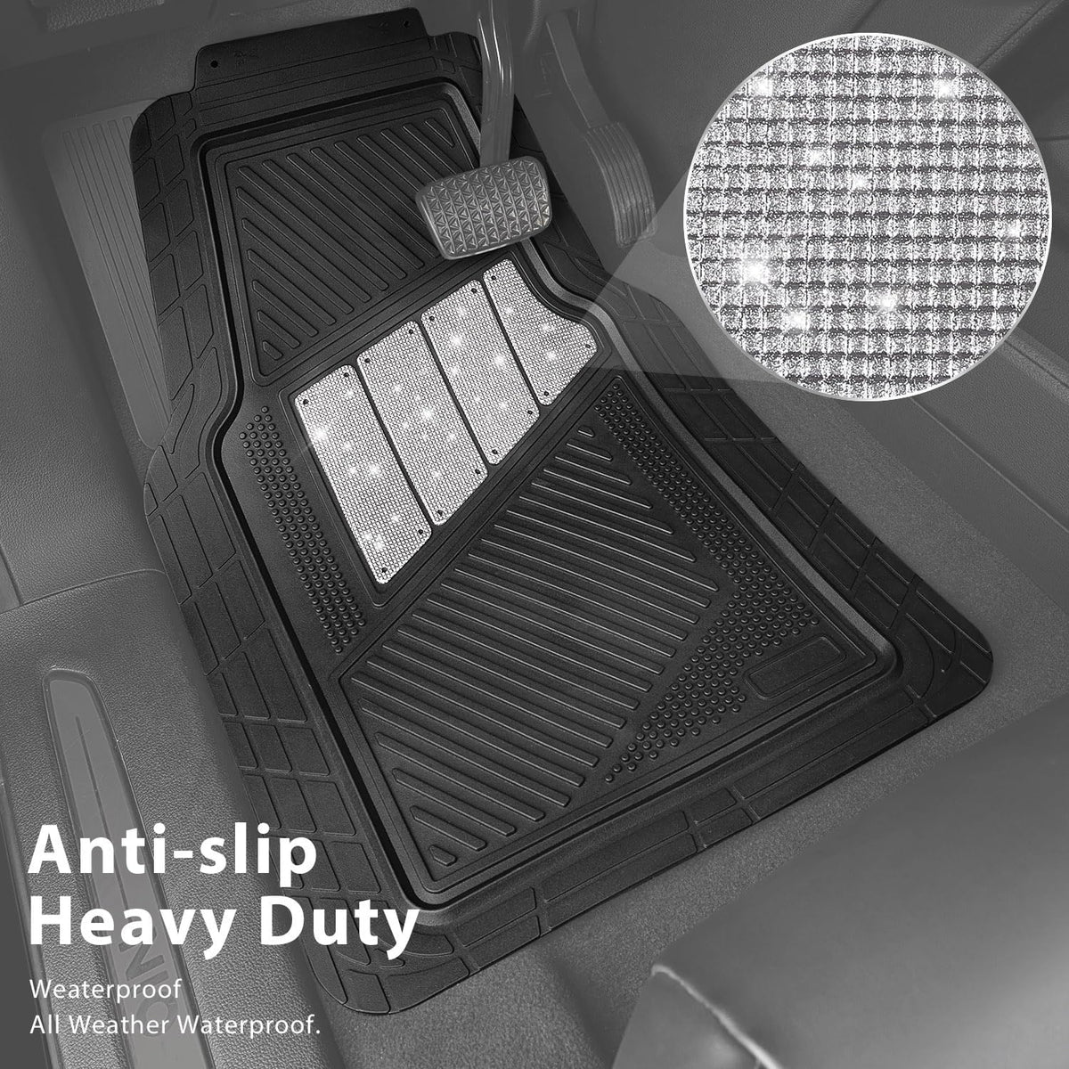 CAR PASS Heavy Duty Rubber Floor Mats 4-Piece Bling Car Mats Full Set - Universal Waterproof Floor Mats for SUV Truck, Durable All Weather Car Mats, Automotive Mats for Women Glitter Silver