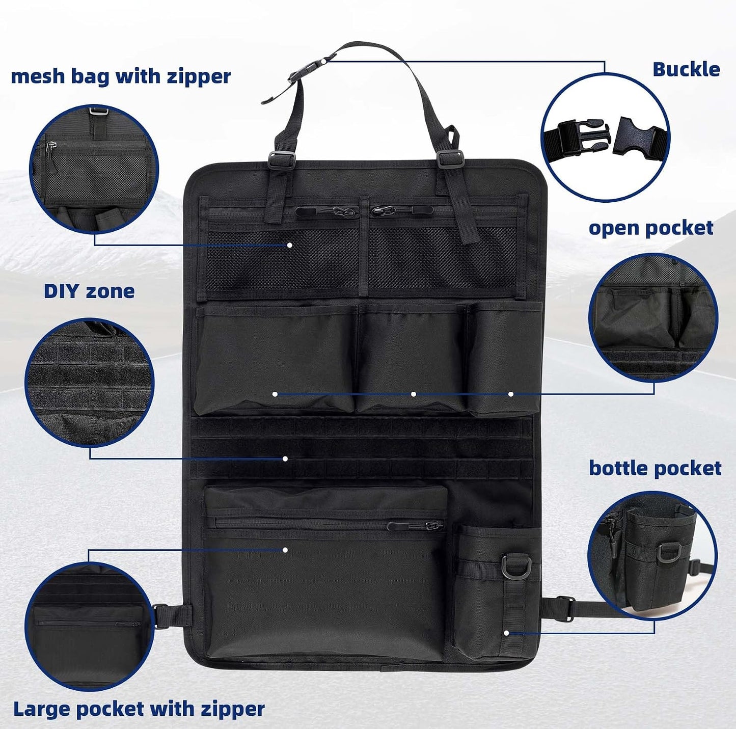 Backseat Car Organizer,Tactical Car Seat Back Organizer, Kick Mats Back Seat Protector with Three Zippered Storage pockets, Travel Accessories with 8 Storage Pockets And DIY zone (Black)