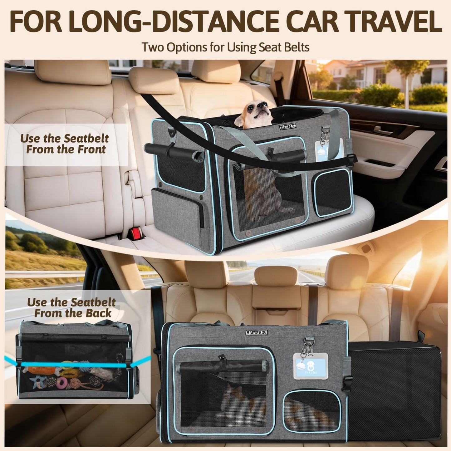 Petskd Side Expandable Extra Large Cat Car Carrier with Collapsible Litter Box for Long Distance Travel,24"x17"x17" Portable Soft Sided Pet Carrier with Roller Shades for 2 Cats Up to 55LBS(Grey)