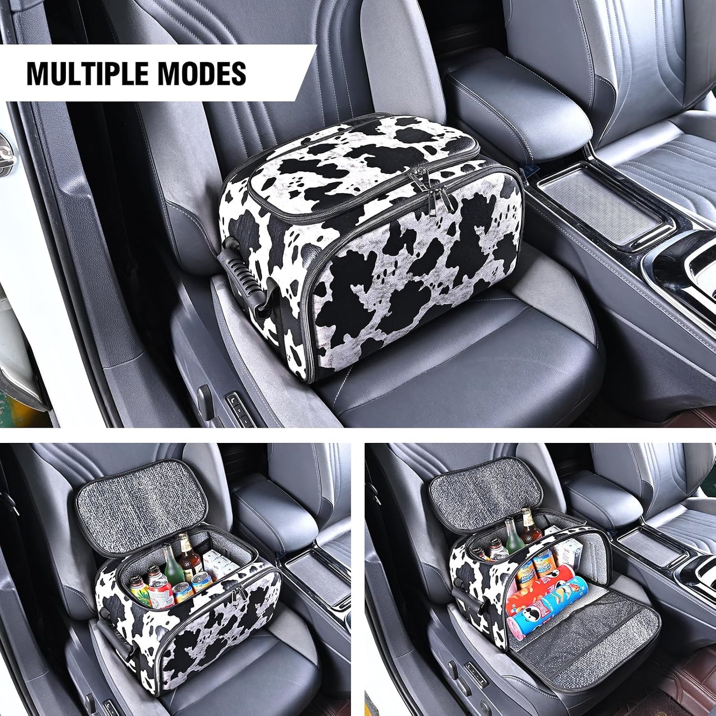 Cow Print Insulated Cooler Bag for Car, Multi-Mode Portable Thermal Lunch Cooler Tote, Reusable Thermal Storage Bag for Drinks, Snacks & Food, Ideal for Car Seat, Trunk, Road Trips & Travel