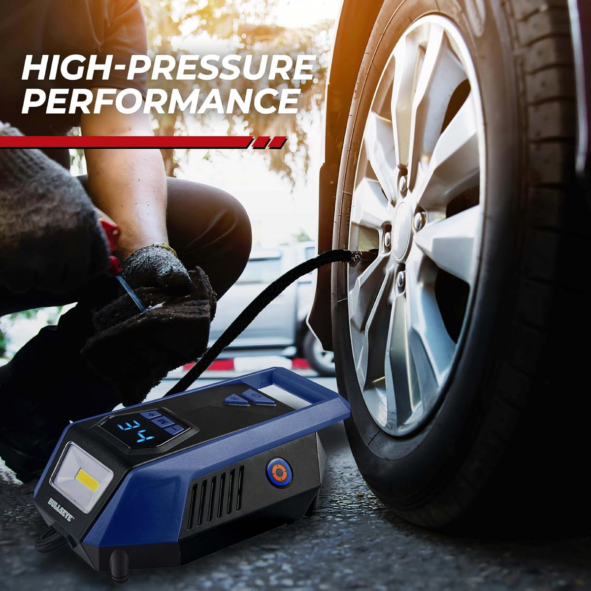 Bullseye 12V DC Car Tire Inflator Portable Air Compressor - Rapid 2 Minute Inflation, Auto Shut-Off, Max 150 PSI, Easy Cord Storage, Digital Pressure Gauge, LED Display (Royal Blue) - As Seen on TV