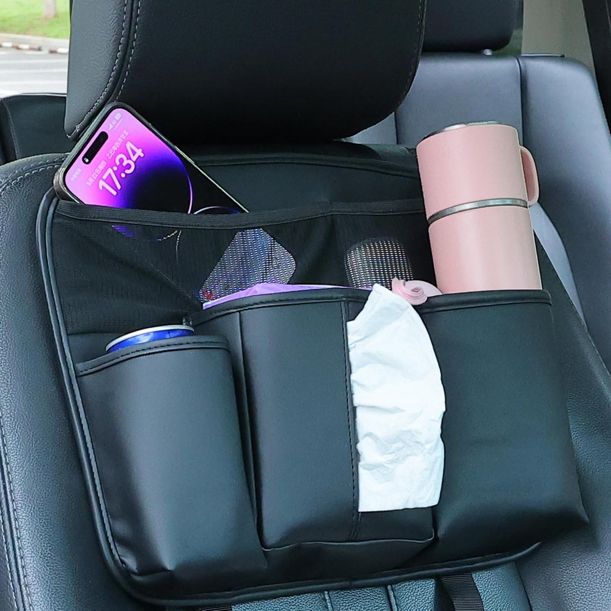 Amooca Car Backseat Organizer PU Leather Storage Bags Travel Accessories Large Pockets for Water Bottle Drink Tissue with Hooks