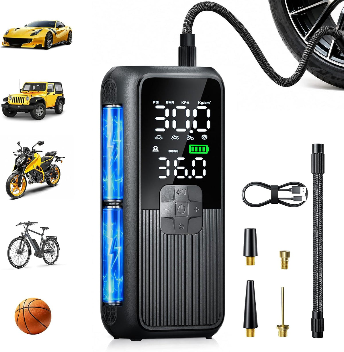 Tire Inflator Portable Air Compressor For Car Tires Bike Motorcycle & Balls