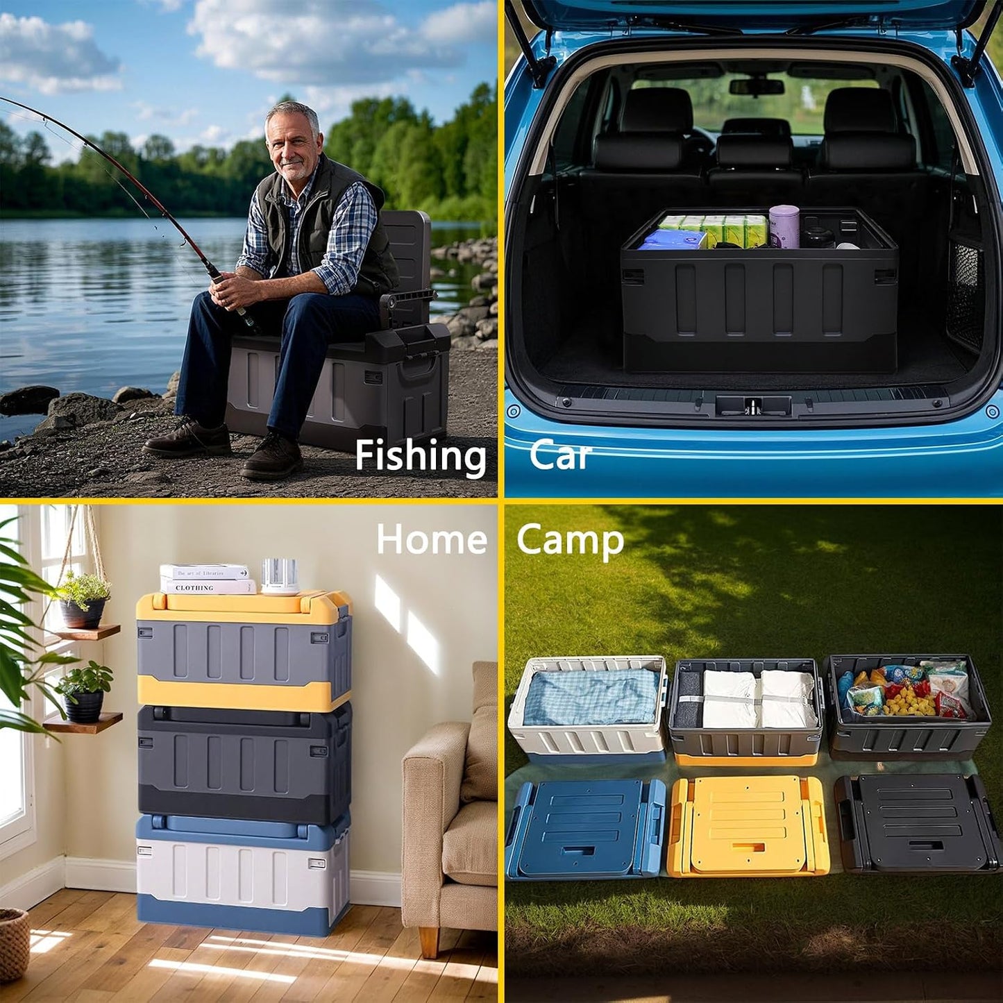 Versatile Foldable Seatable Camping Box Car Organizer Heavy Duty Storage Bins With Lids Box Trunk,Durable Plastic,60L Can Store Clothes, Camping Equipment in Large Capacit (black)