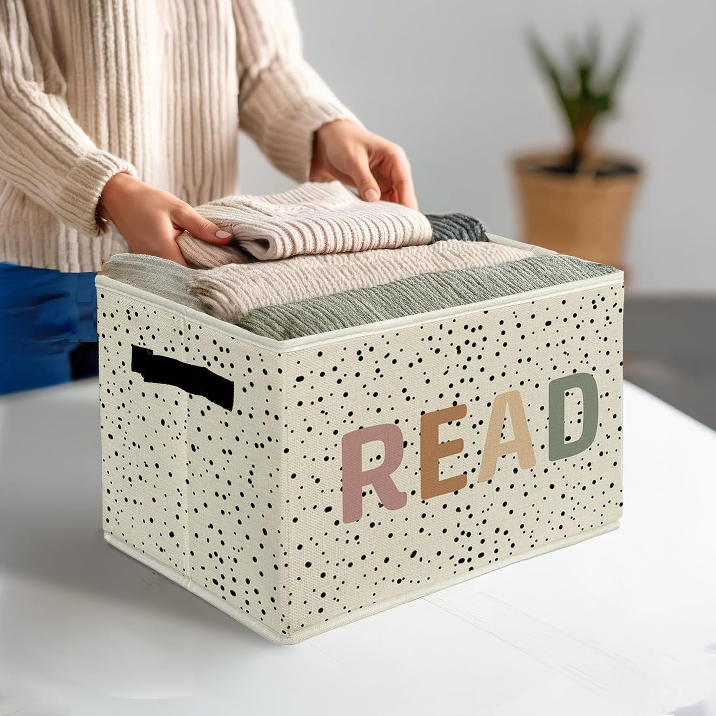 Boho READ Book Storage Bins & Boxes with Handles, Kids Foldable Basket for Organizing, Boho Nursery Collapsible Storage Basket for Kids Room Bedroom Reading Corner Nook Room Clothes Toys Books