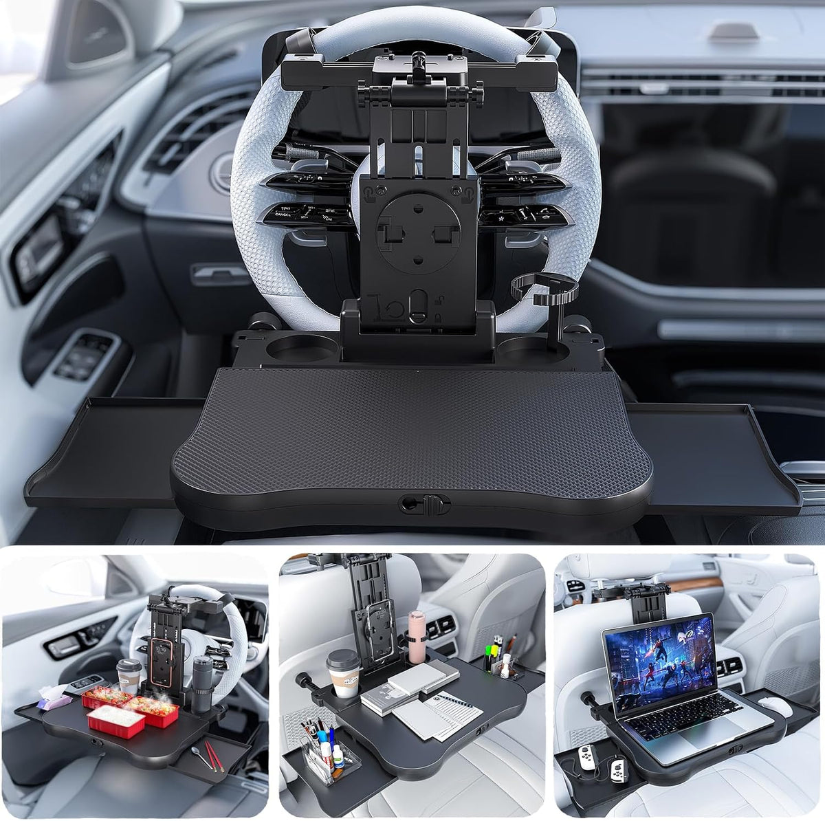 Large Foldable Backseat Tray Table, Car Laptop Desk with Cup Holder, Back Headrest Passenger Food Tray, Phone Tablet Holder, Multifunctional Travel Desk, Car Essentials for Kids & Long Road Trips
