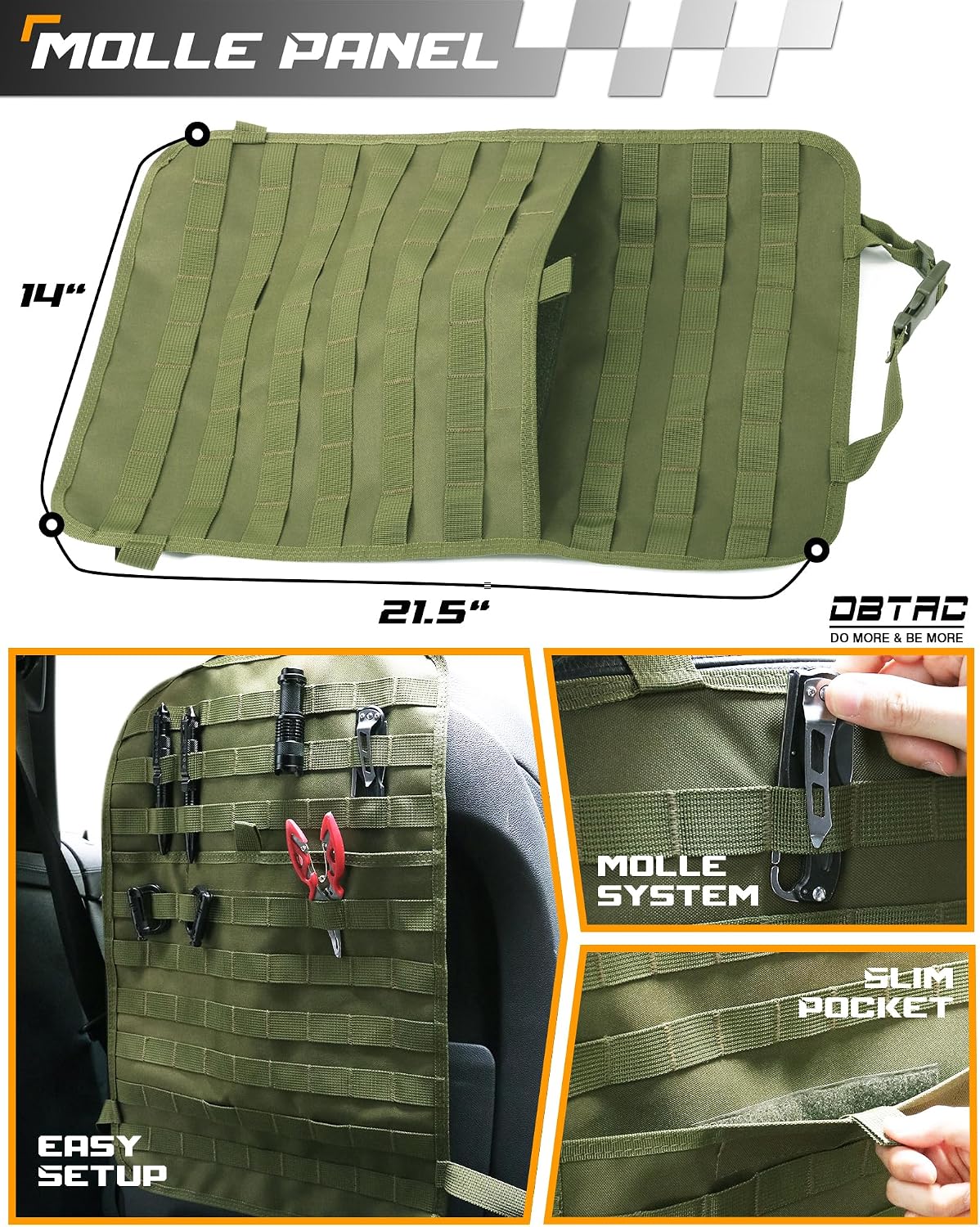 DBTAC Tactical Molle Car Seat Organizer | Vehicle Back Panel with 5X Detachable Pouches, US Flag & Writable Reflective Patch for Cars, Trucks, SUVs, Sedans
