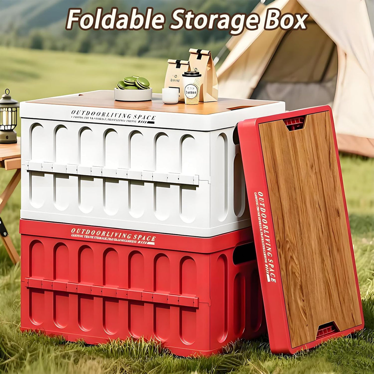 Collapsible Storage Bins Box with Lids and Handle, 25L Portable Storage Crate Containers Totes, Stackable Foldable Camping Basket Supplies for Camp Fishing,Car RV, Office, Outdoor (Red, 16.14")