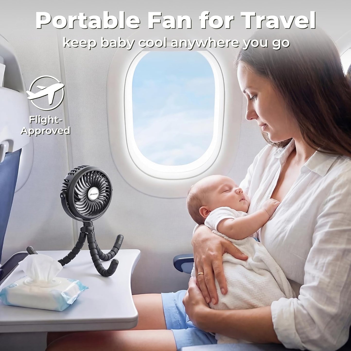 AMACOOL Battery Operated Stroller Fan, Baby Travel Essentials for Beach Disney, Newborn Boy & Girl Showers Gifts Registry Search, Rechargeable Clip On Fan for Car Seat Wagon Crib Bike Treadmill