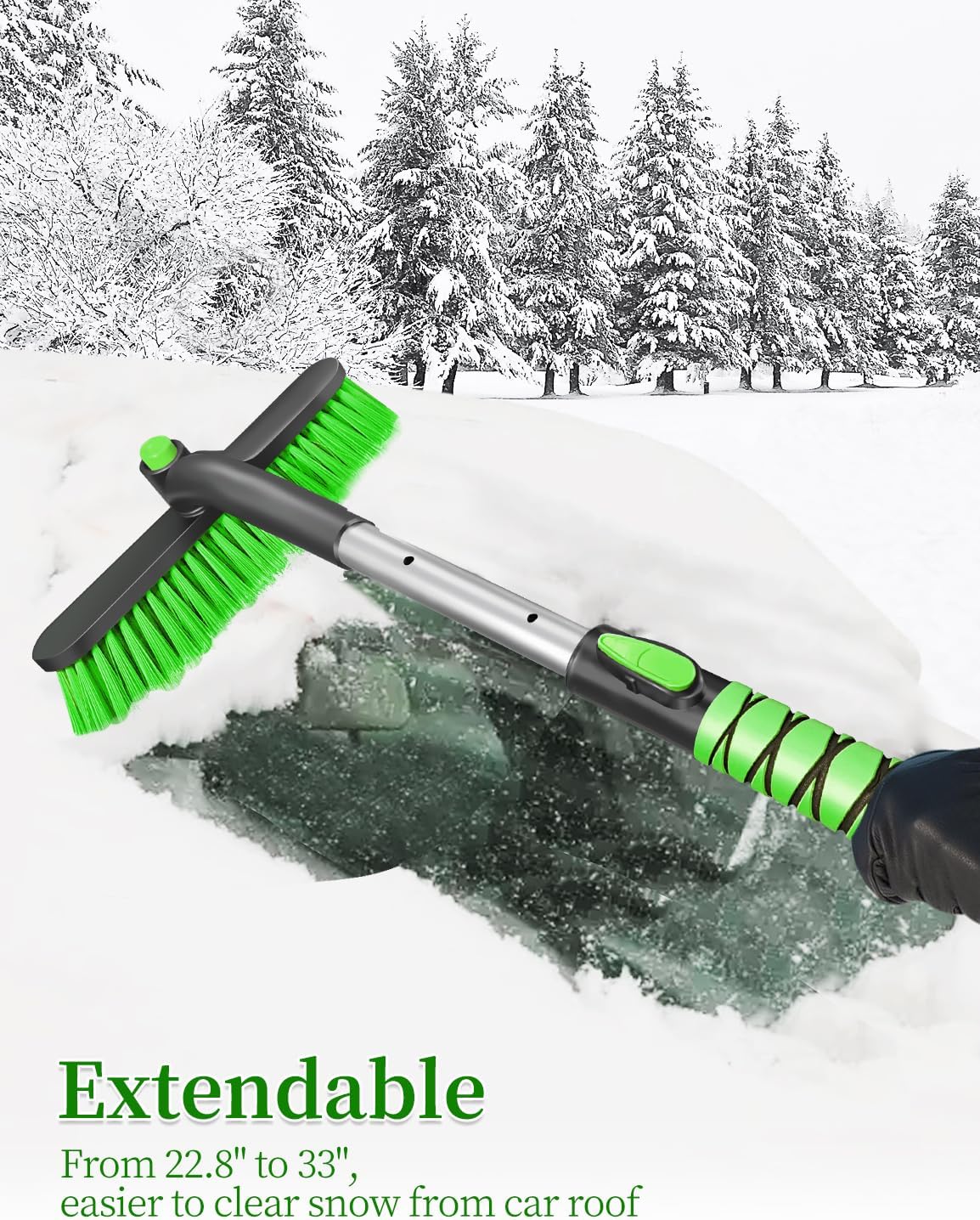 HEEYA Car Ice Scraper with 12.6 Inch Large Brush Head, Snow Brush and Ice Scraper for SUV Windshield Window, Extendable Snow Scraper for Truck Automobile Vehicle - Green