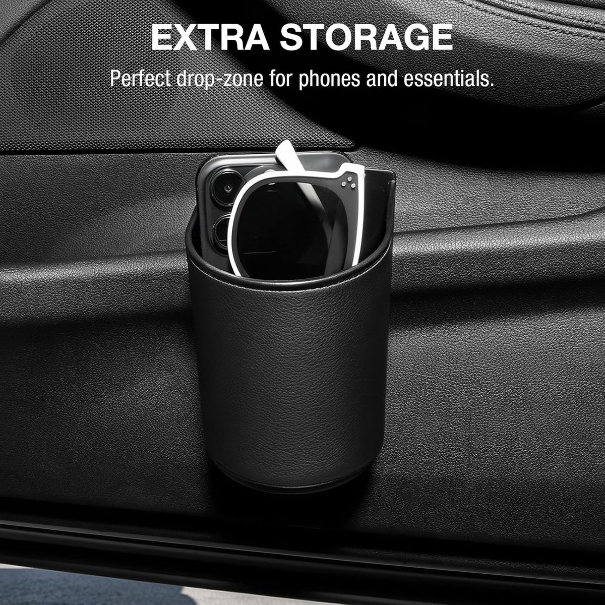 Car Door Cup Holder Sag-Free, Rigid Clip-On Extra Cup Holder for Car Backseat & Headrest, Fits 12-30oz Tumblers, Leather-Wrapped Car Cup Organizer for Sedans & EVs