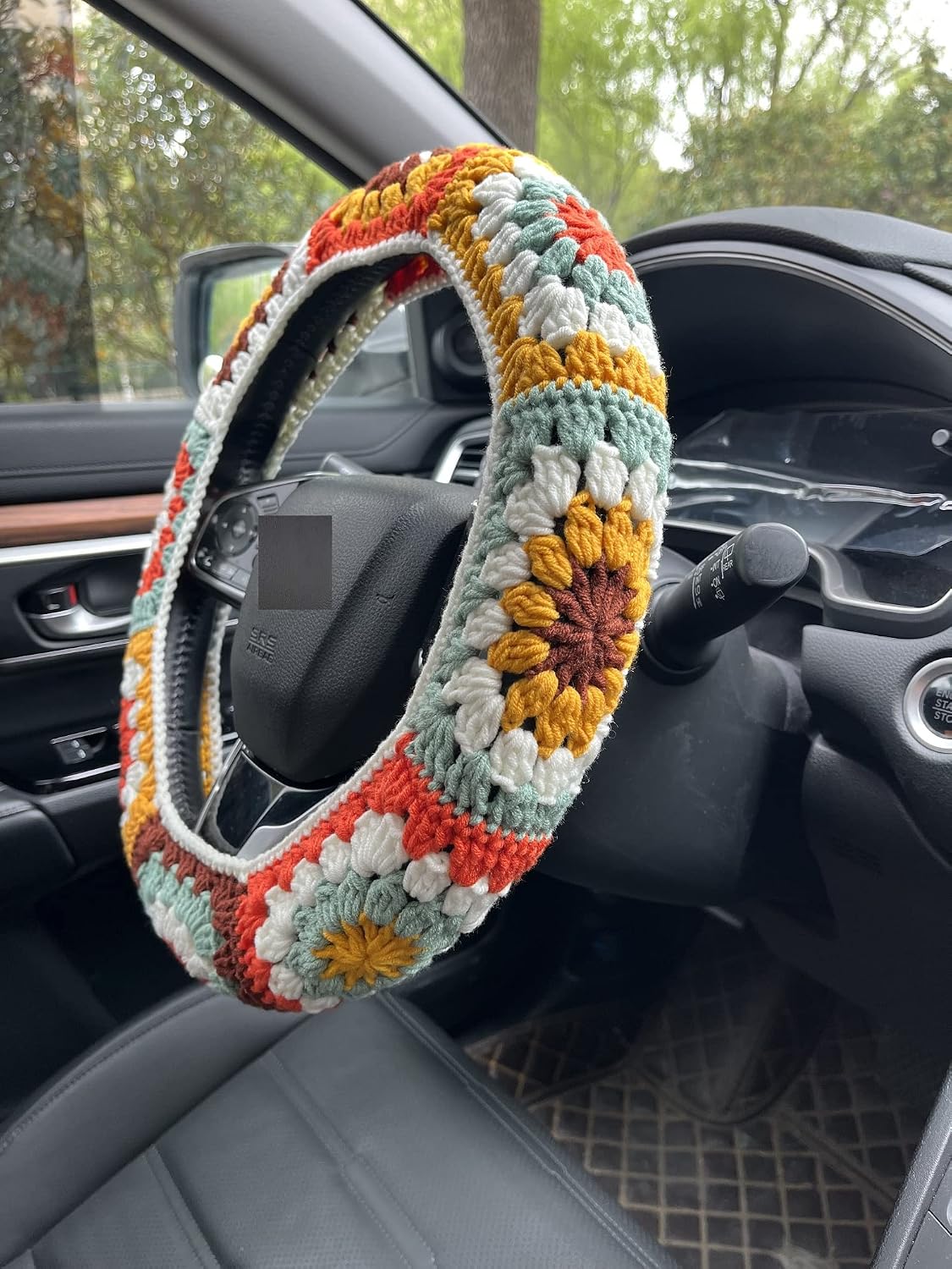 Steering Wheel Cover,Handmade Crochet Rainbow Sunflower Granny Square Steering Wheel Covers (Steering Wheel Cover+1strawberry)