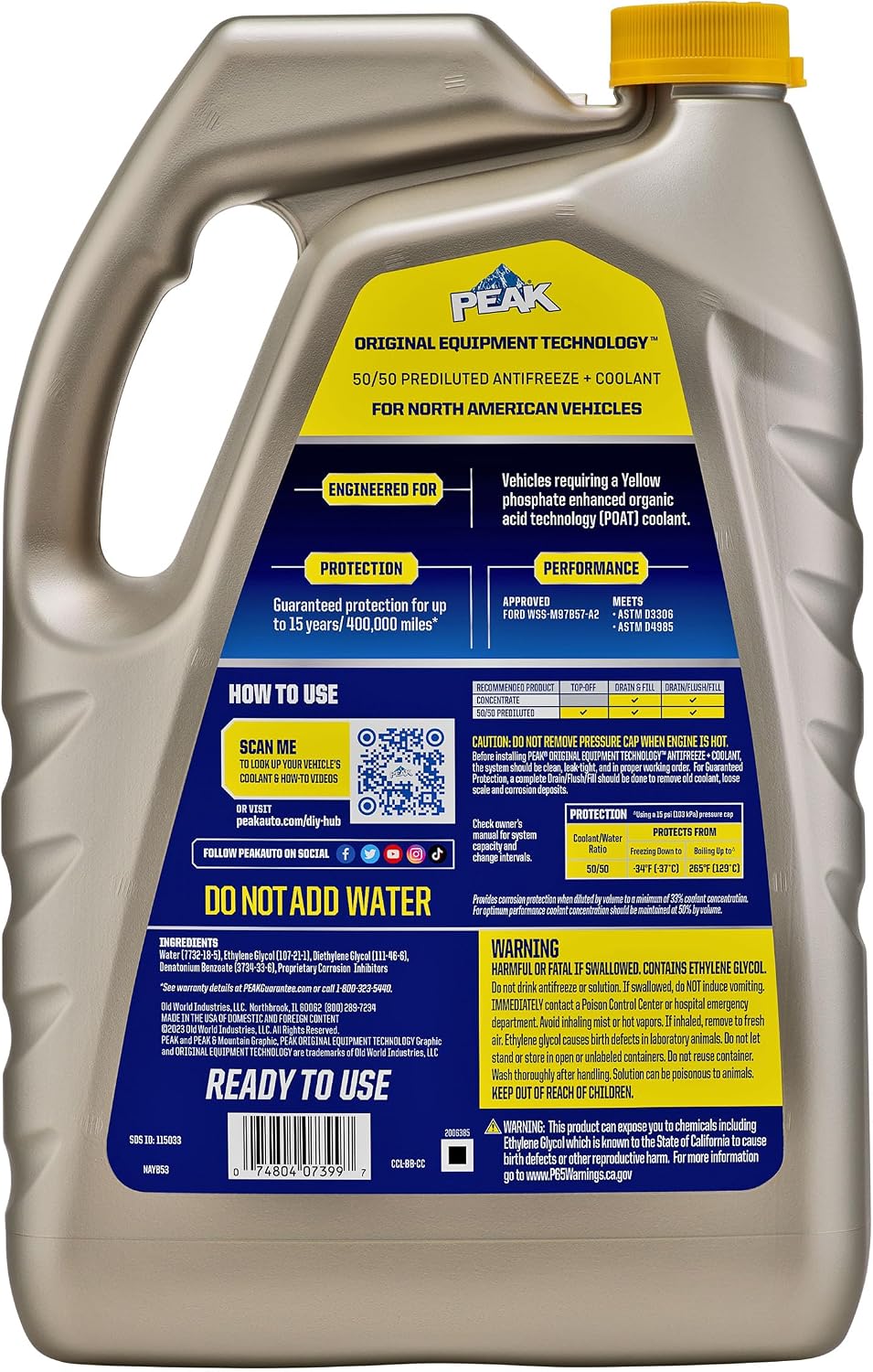 PEAK OET Extended Life Yellow 50/50 Prediluted Antifreeze/Coolant for North American Vehicles, 1 Gal.