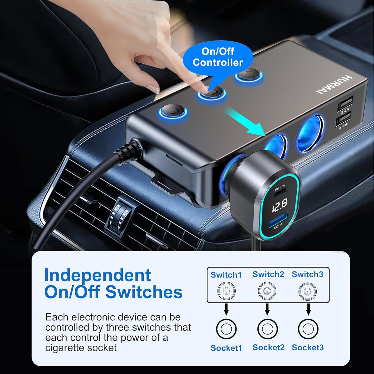 9-in-1 Cigarette Lighter Splitter 264W 3 Socket USB C Car Adapter