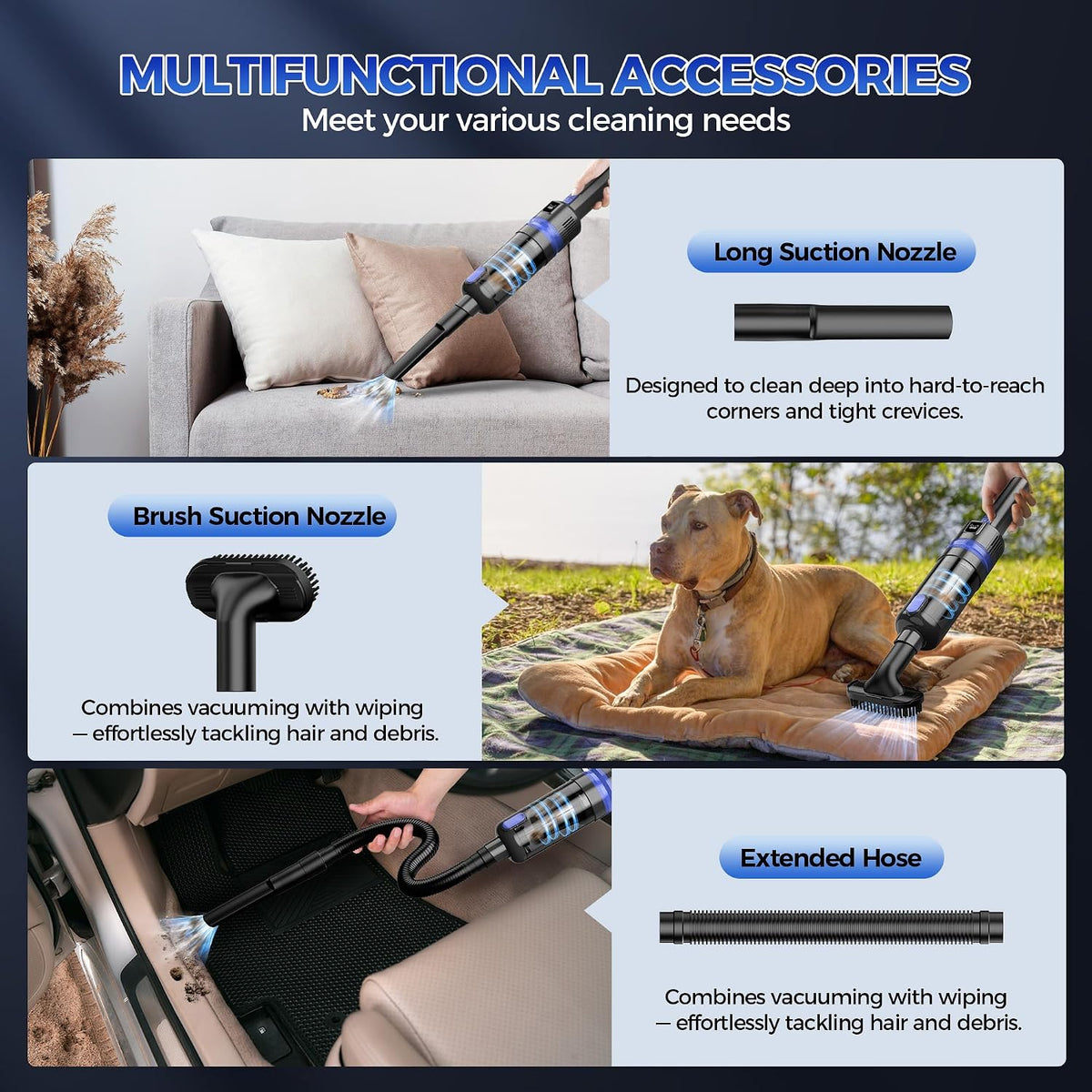 Handheld Vacuum Cordless Portable 3‑in‑1 Rechargeable Vacuum Cleaner with Charging Dock, Lighweight, 2‑Speed Modes, Type-C Charging for Car, Home, Office, Pet