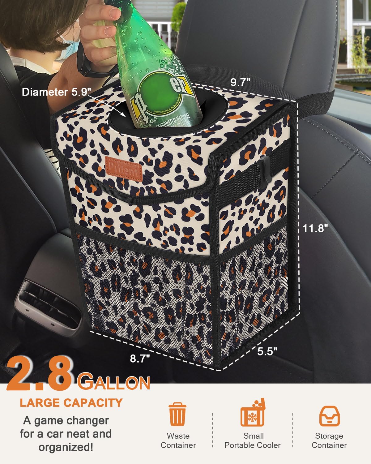Pritent Car Trash Can with Lid Leakproof Car Garbage Bag Vehicle Trash Bin