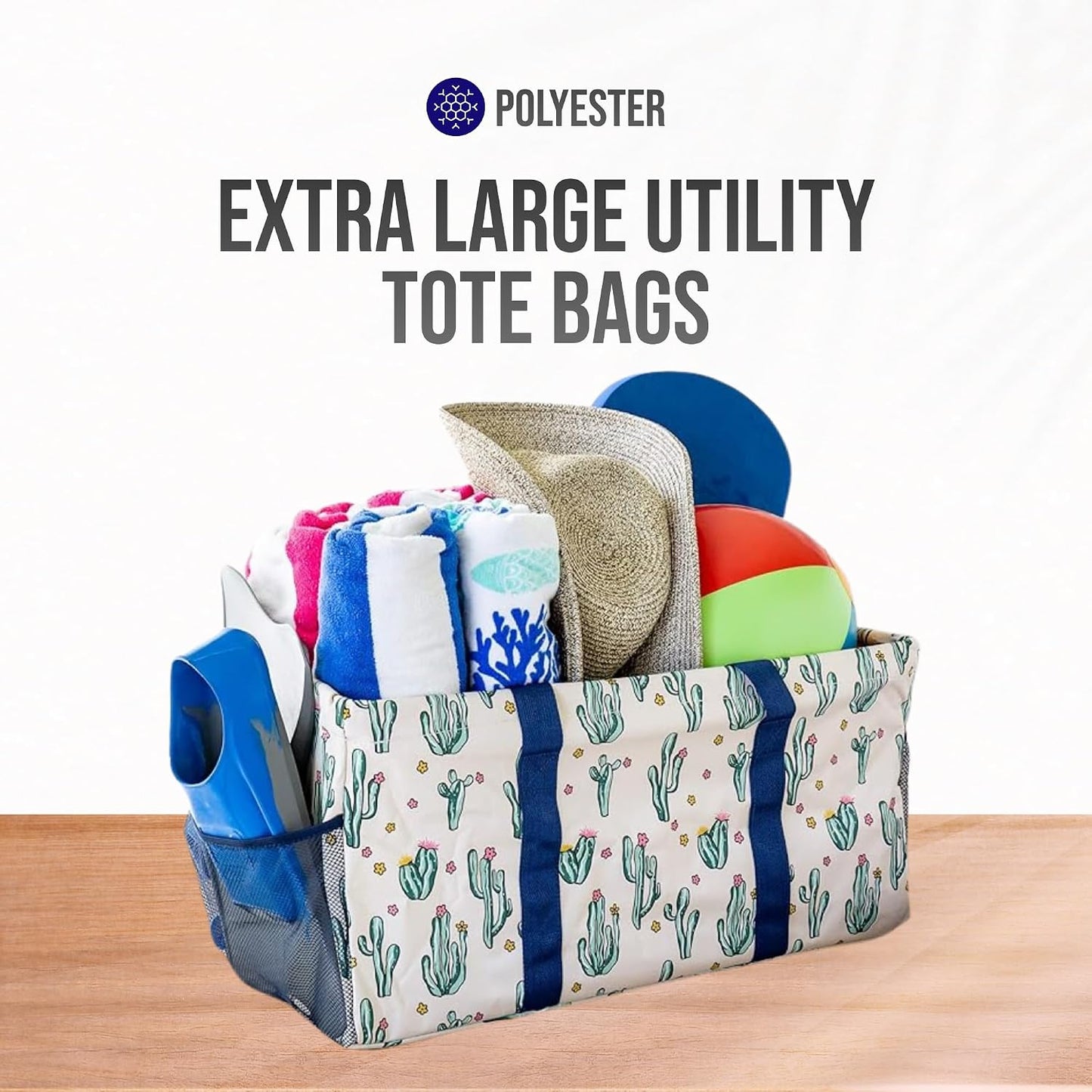 Extra Large Utility Tote Bag, Oversized Collapsible Reusable Wire Frame Rectangular Canvas Basket With Two Exterior Pockets For Beach, Pool, Laundry, Car Trunk, Storage - Cactus White