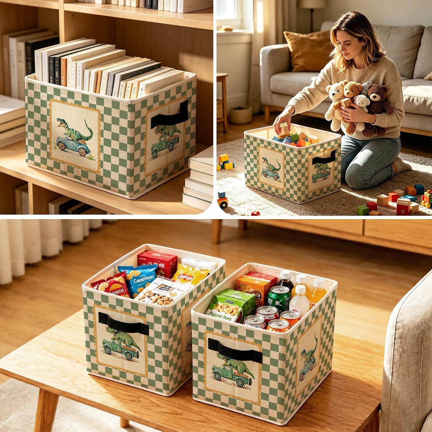 Green Checkered Dinosaur Truck Storage Bins Box, Funny Cute Dino Car Foldable Storage Basket with Handles for Playroom Bedroom Bathroom Home Toys Clothes Books Organizer