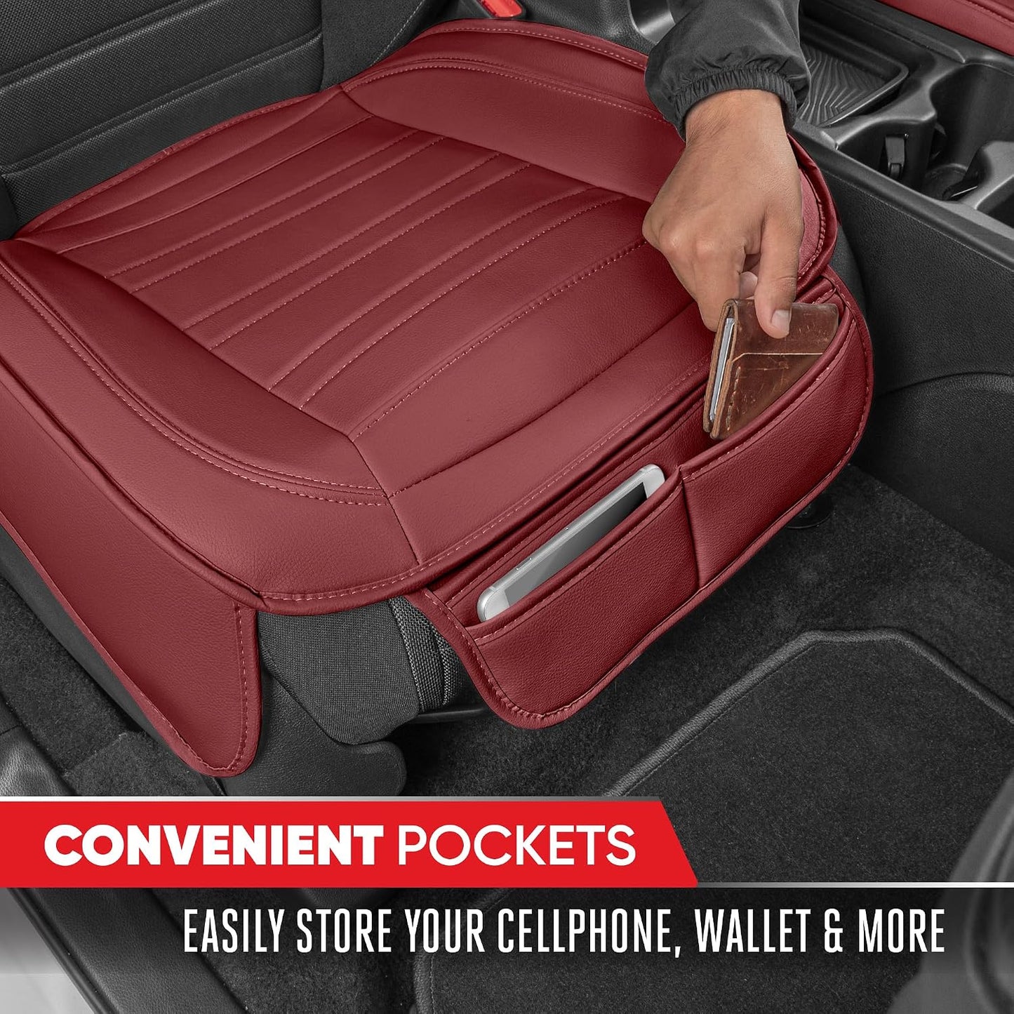Motor Trend Faux Leather Front Seat Cover for Cars - Set of 2 Burgundy Front Car Seat Covers for SUV & Truck with Storage Pockets - Automotive Car Seats Cover Protector - Bottom Cushion Coverage Only