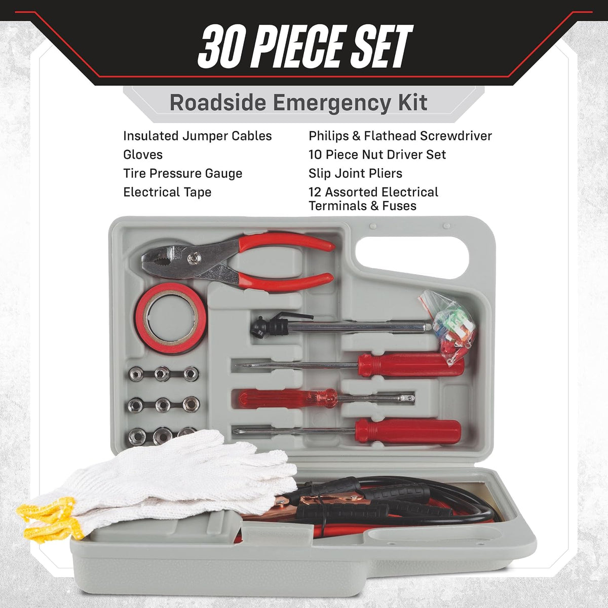 Stalwart Roadside Emergency Car Kit, 30-Piece, Gray/Red