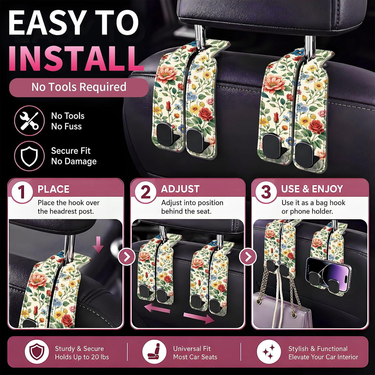 Car Seat Back Storage Hook, Funny Car Purse Hook, Cute Vehicle Storage Organizer for Purses Handbags Botanical Floral Pattern