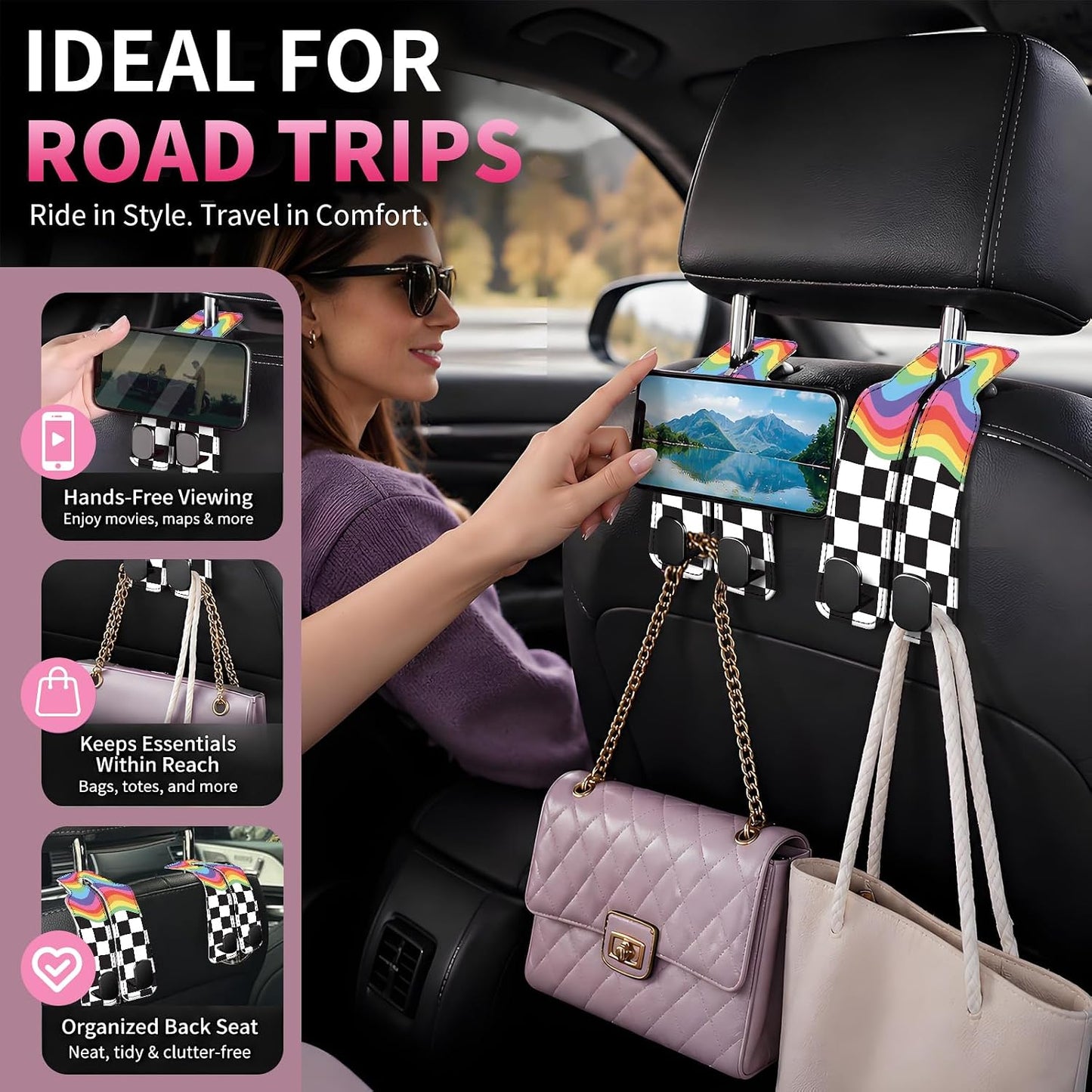 Car Seat Back Storage Hook, Funny Car Purse Hook, Cute Vehicle Storage Organizer for Purses Handbags Rainbow Black Checkerboard