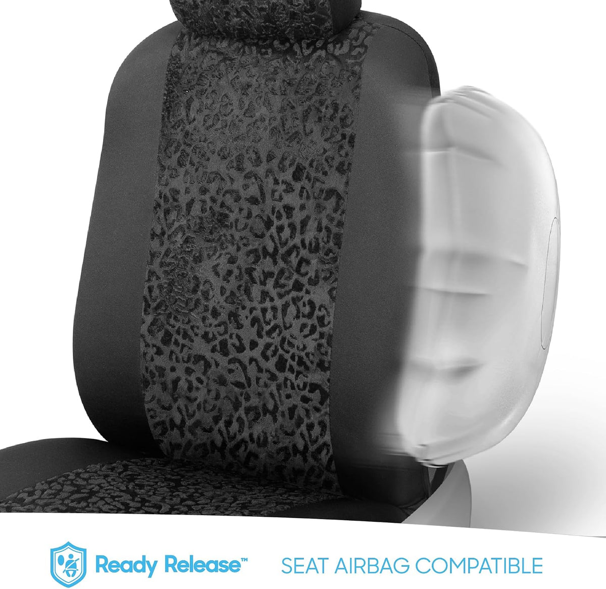 BDK Black Leopard Car Seat Covers for Front Seats, Animal Print Front Seat Cover Set with Matching Headrest, Sideless Design for Easy Installation, Fits Most Car Truck Van and SUV, (Pack of 2)