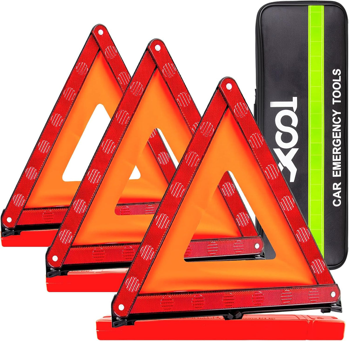 XOOL Warning Triangle, Emergency Warning Triangles for Vehicles, Reflective Triangle, Emergency Warning Reflector Safety Triangle Kit with Carry Case, 3-Pack