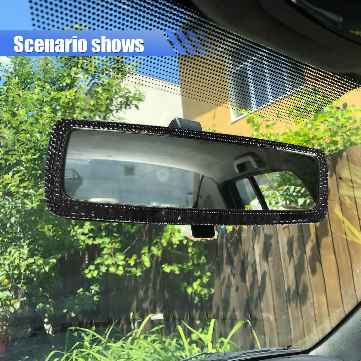 JOYCOURT Bling Rhinestone Panoramic Rear View Mirror Clip-On Mirror, Black
