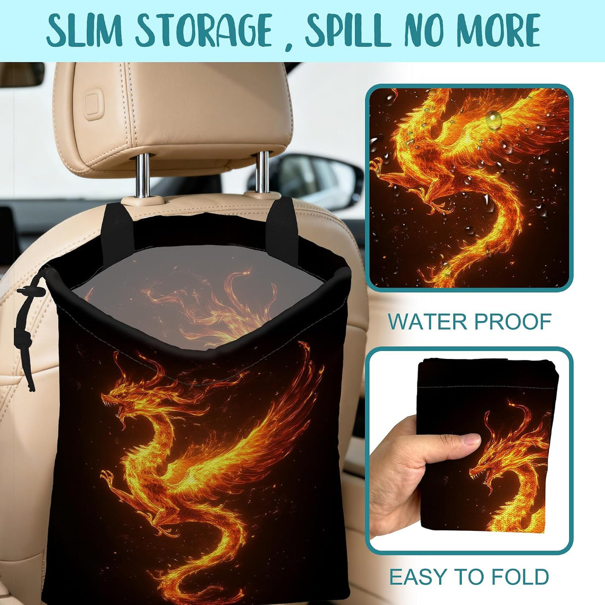 Car Trash Bag Dragon Fire Leak-Proof Car Garbage Bag with Drawstring Foldable Canvas Trash Bin with Adjustable Buckle for Car Accessories, Travelling, Camping