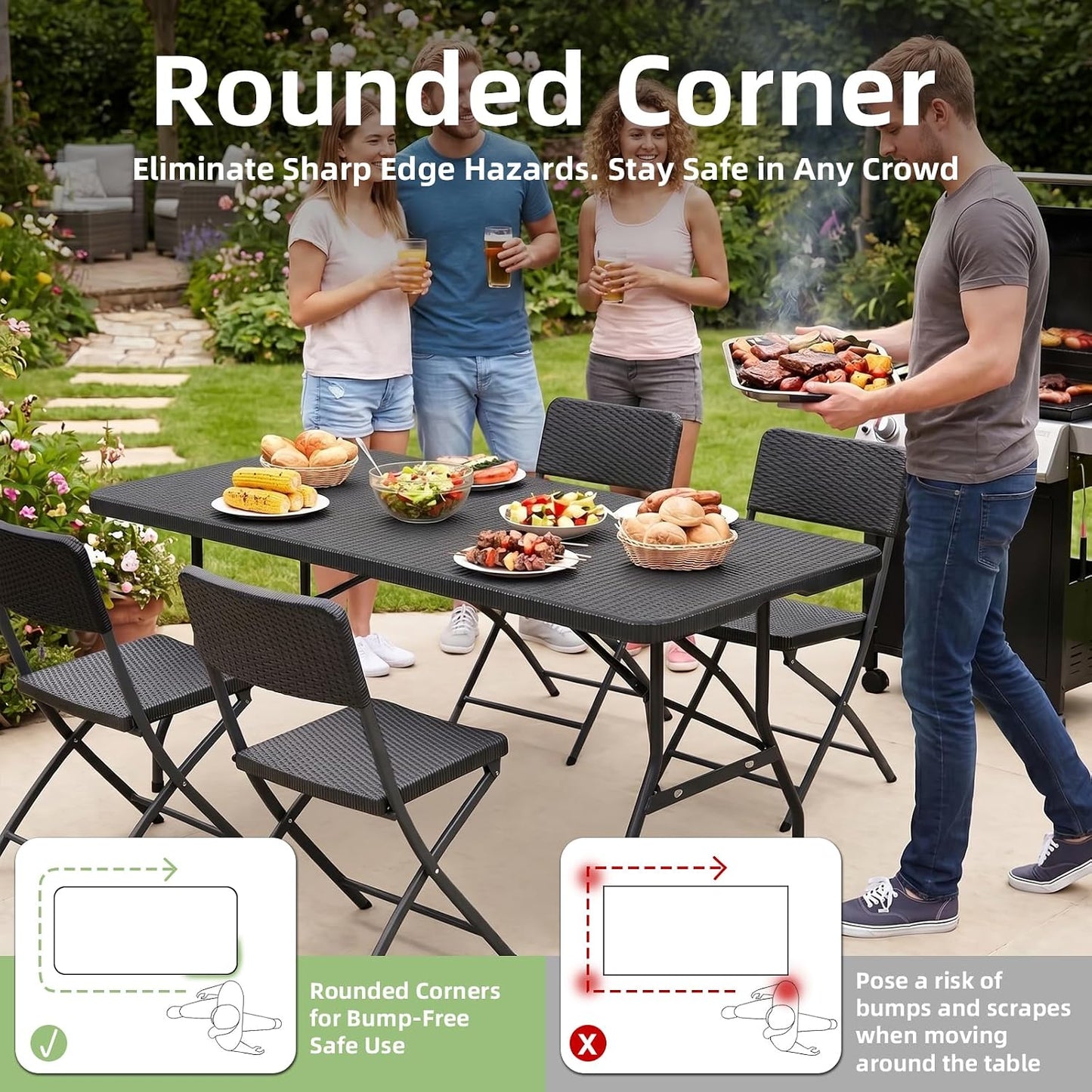 6FT Folding Table Portable Plastic Table with Carry Handle Fold-in-Half Utility Foldtable Table Black Ratten for Outdoor Party,Dining,Wedding,Camping,Picnic,Events