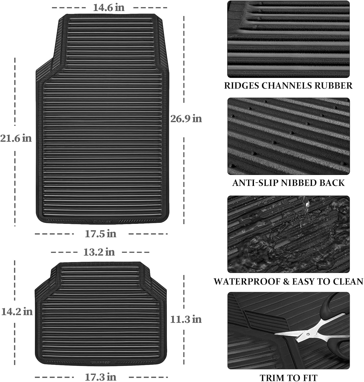 CAR PASS Rubber Floor Mats, All Weather Full Set 4-Piece, Waterproof Automotive Mats Trim to Fit Most Cars Sedans SUVs Vans, Heavy Duty Anti-Slip Easy Clean, All Black