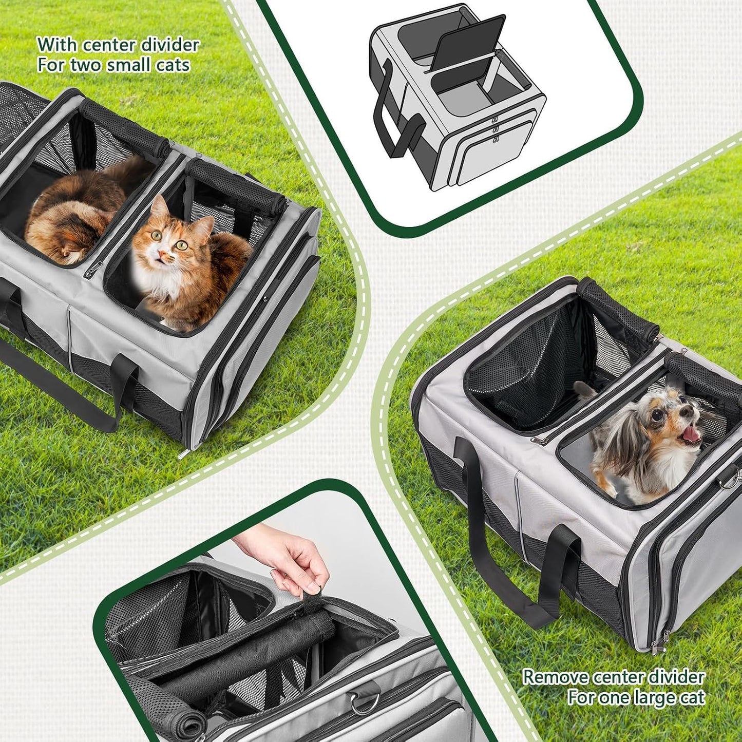 Expandable Cat Carrier for 2 Cats, Double Compartment Large Pet Carrier for Long Distance Car Travel, Includes 2 Portable Litter Boxes, Foldable Multi-Cat Travel for Road Trips & Camping, Gray