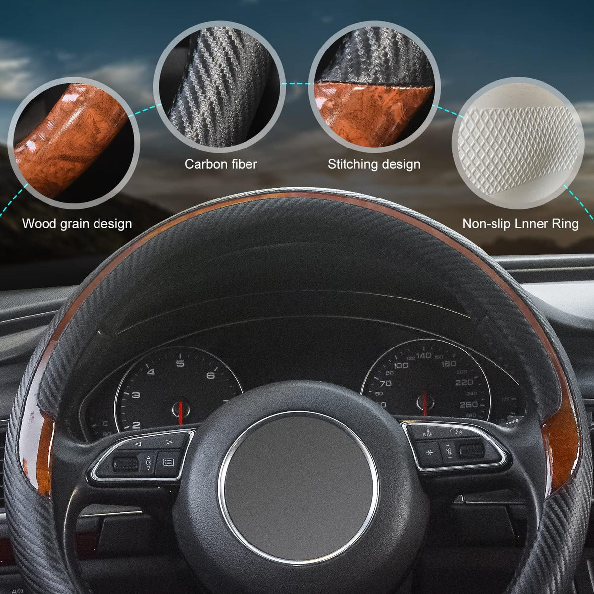 Wood Grain Steering Wheel Cover Black Universal Microfiber Leather, Suitable for 14 1/2-15 inch Comfortable Anti-Slip, Good Breathable and Odorless Car Steering Wheel Cover