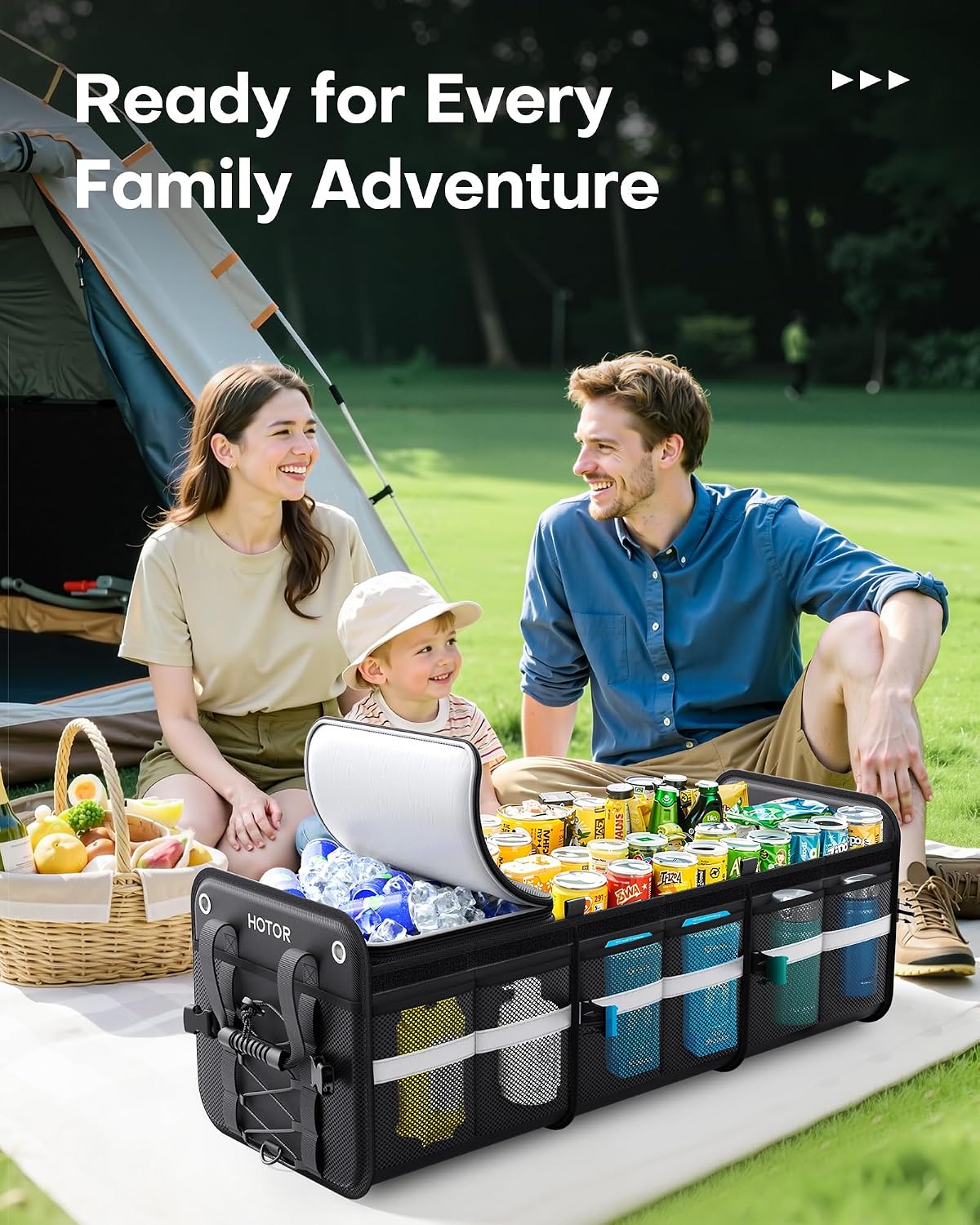 HOTOR Trunk Organizer - 3-Compartment Car Organizer and Storage with Cooler Bag, Foldable Car Storage Organizer for SUV with Handles & Strap for Shopping, Picnic, 33.1" x 13.0" x 11.8", Black