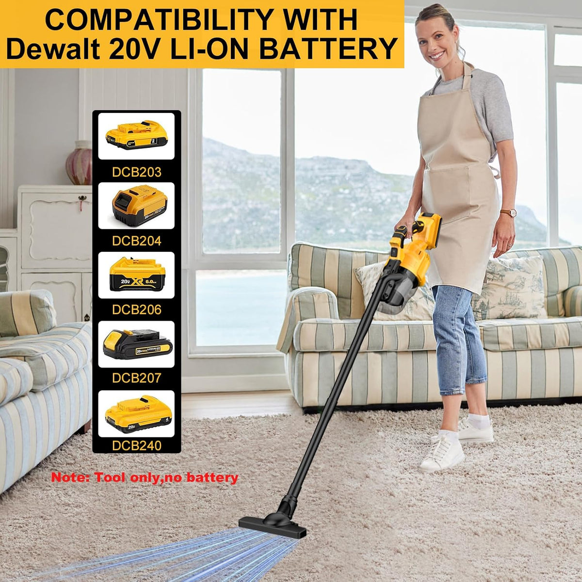 Cordless Vacuum Cleaner for De-Walt 20V Battery,100 AW Handheld Vacuum Cleaner with Washable HEPA Filter,55CFM Portable Shop Vacuum for Car/Pet Hair/Carpets/Hard Floors(No Battery)