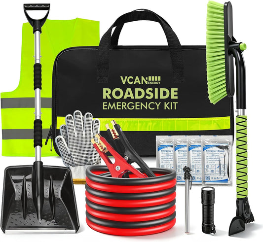 Winter Car Emergency Safety Kit Bag with Jumper Cables, Snow Shovel for Car