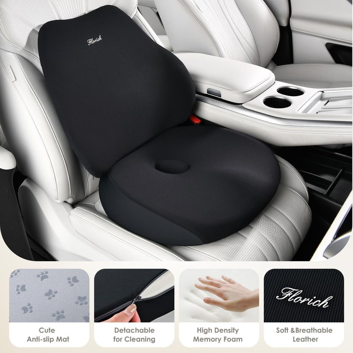 FLORICH Large Car Seat Cushion and Lumbar Support Pillow, Ergonomic Memory Foam Driving Seat Cushion for Back & Sciatica Pain Relief, Non-Slip Washable Seat Cushion for Car, Driver, Office-Black