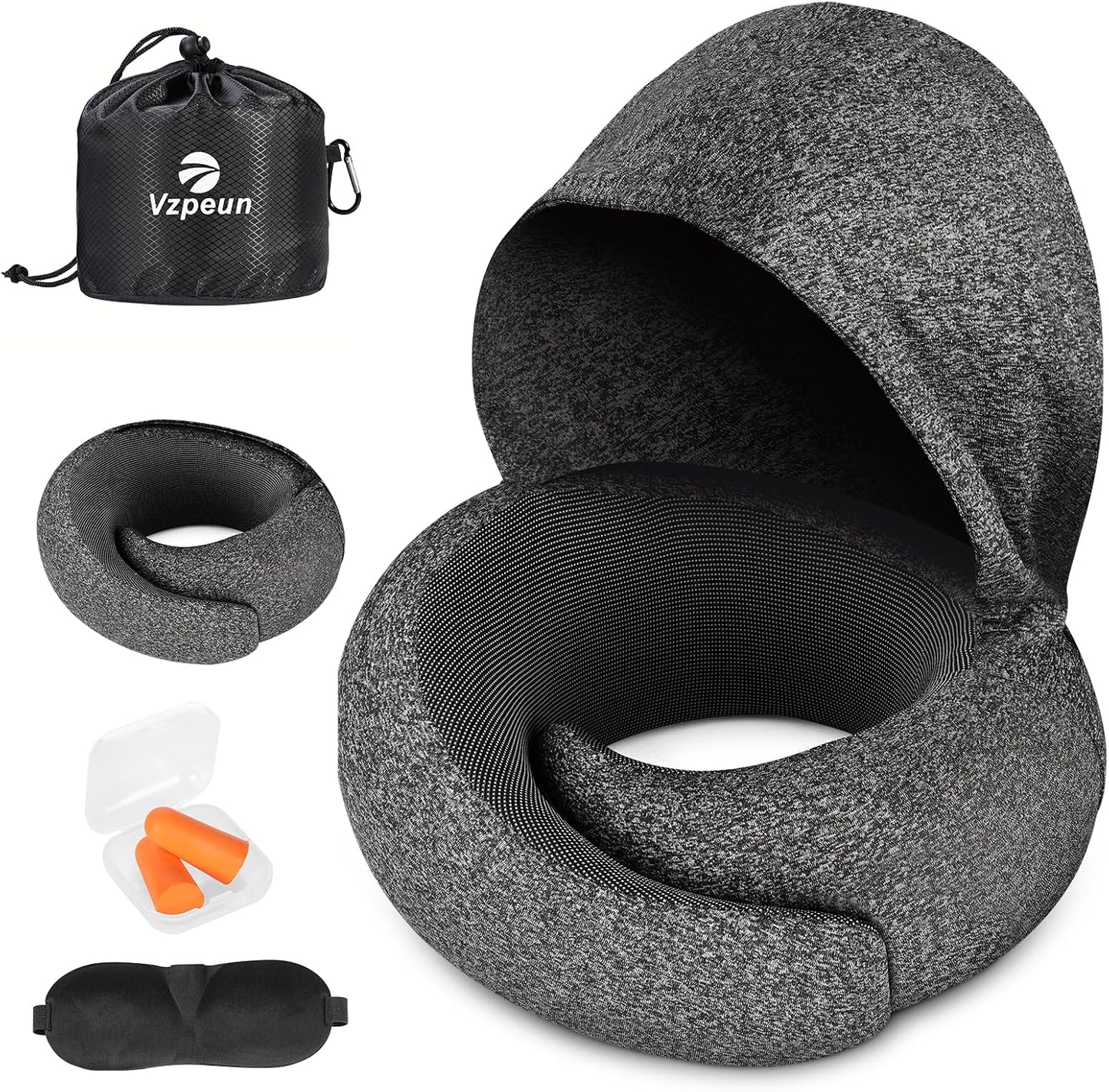 Travel Pillow - Hooded Neck Pillow Airplane Memory Foam Filling for Plane, Office, Cars Sleeping, Road Trip, Long Flights, Airplane Travel Essentials, Includes Eye Mask & Earplugs (Dark Gray)