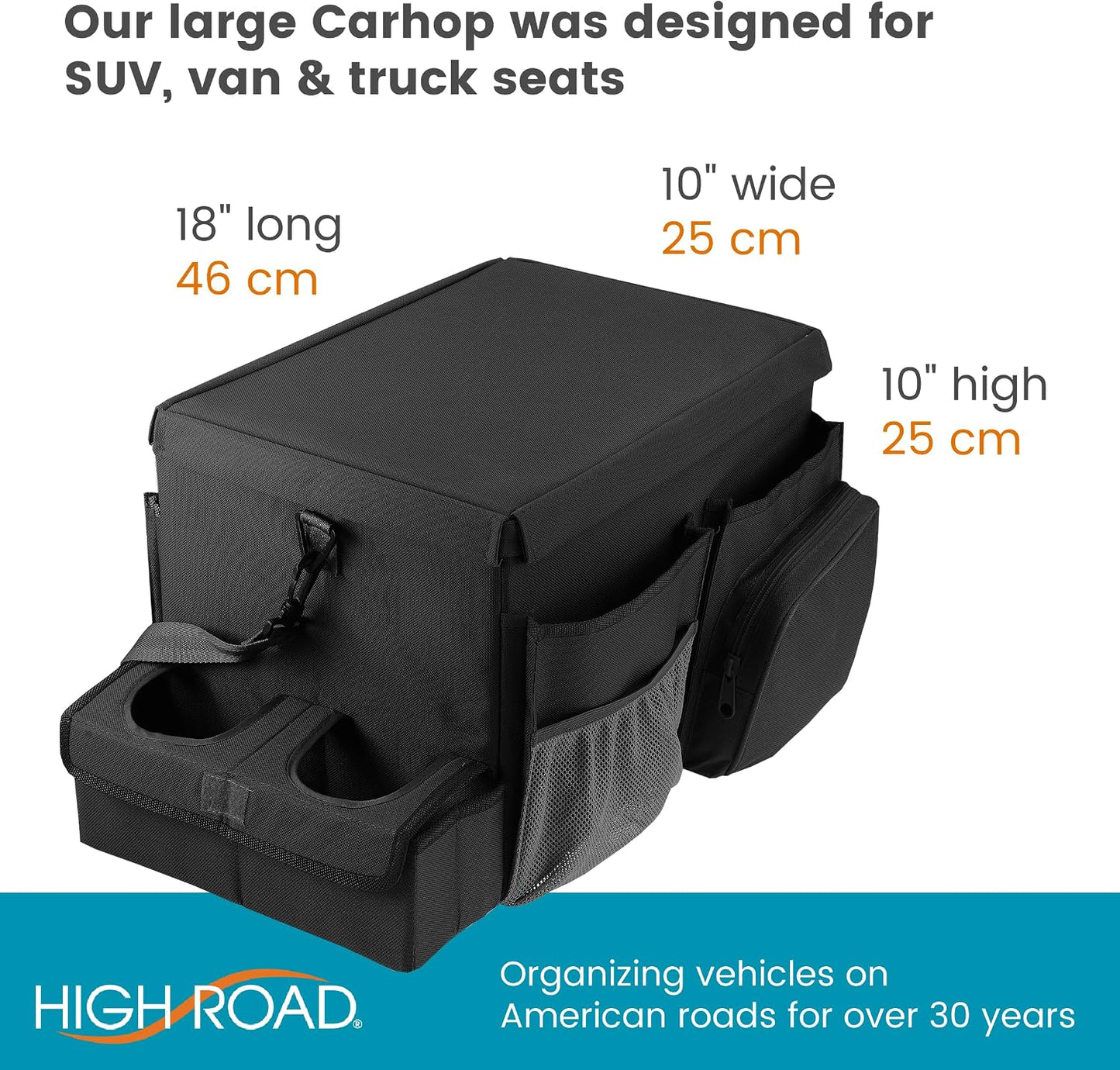 High Road CarHop Front Seat Car Organizer with Car Cup Holder, Passenger Seat Tray and Padded Filing or Cooler Compartment with Side Pocket Storage