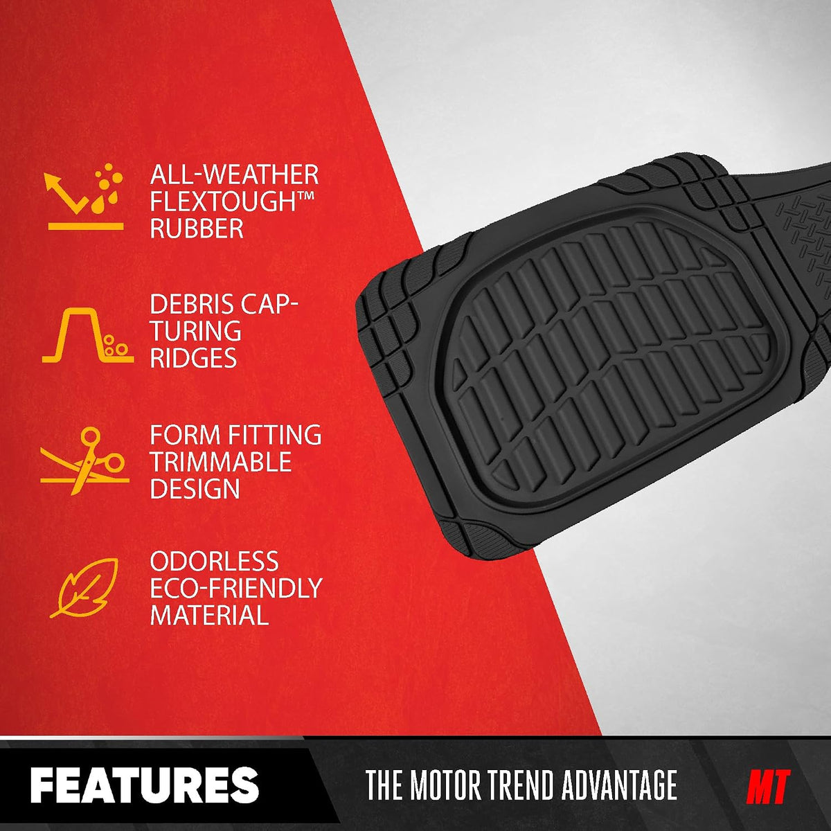 Motor Trend Premium FlexTough Deep Dish Rear Rubber Floor Mat Liners, Heavy Duty All-Weather Universal Fit Trim-To-Fit Floor Mats for Cars Sedans Trucks SUVs, Durable &amp; Easy To Clean Car Mats - Black