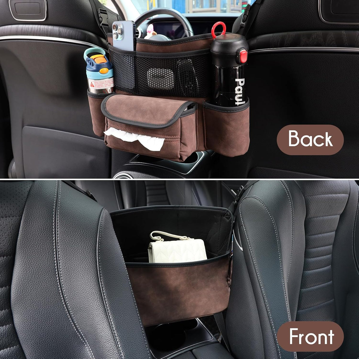 Leather Car Seat Organizer for Handbag/Purse – Fits Between Front Seats, Holds Wallet, Phone & Essentials. (Modle A/Brown)