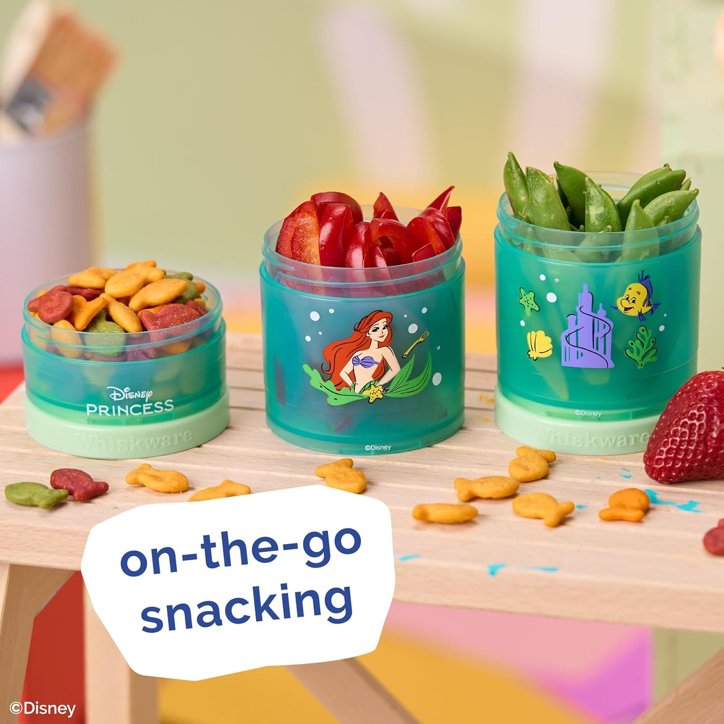 Whiskware Disney Princess Stackable Snack Containers for Kids, 3 Stackable Snack Cups for School and Travel, Ariel and Flounder