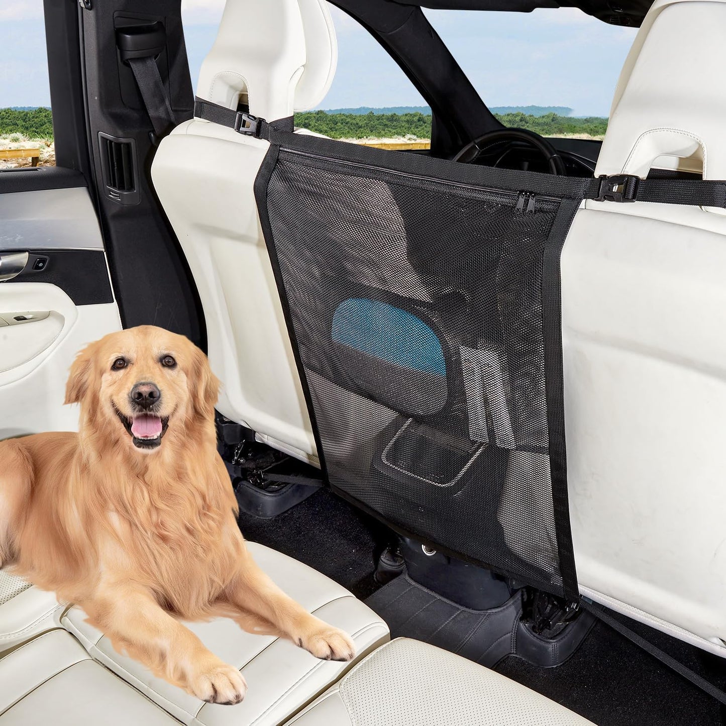 Dog Car Barrier,Pet Barrier with Larger Zipper Organizer Storage,Car Divider Net for Dogs,Dog Barrier for Car/SUV/Truck