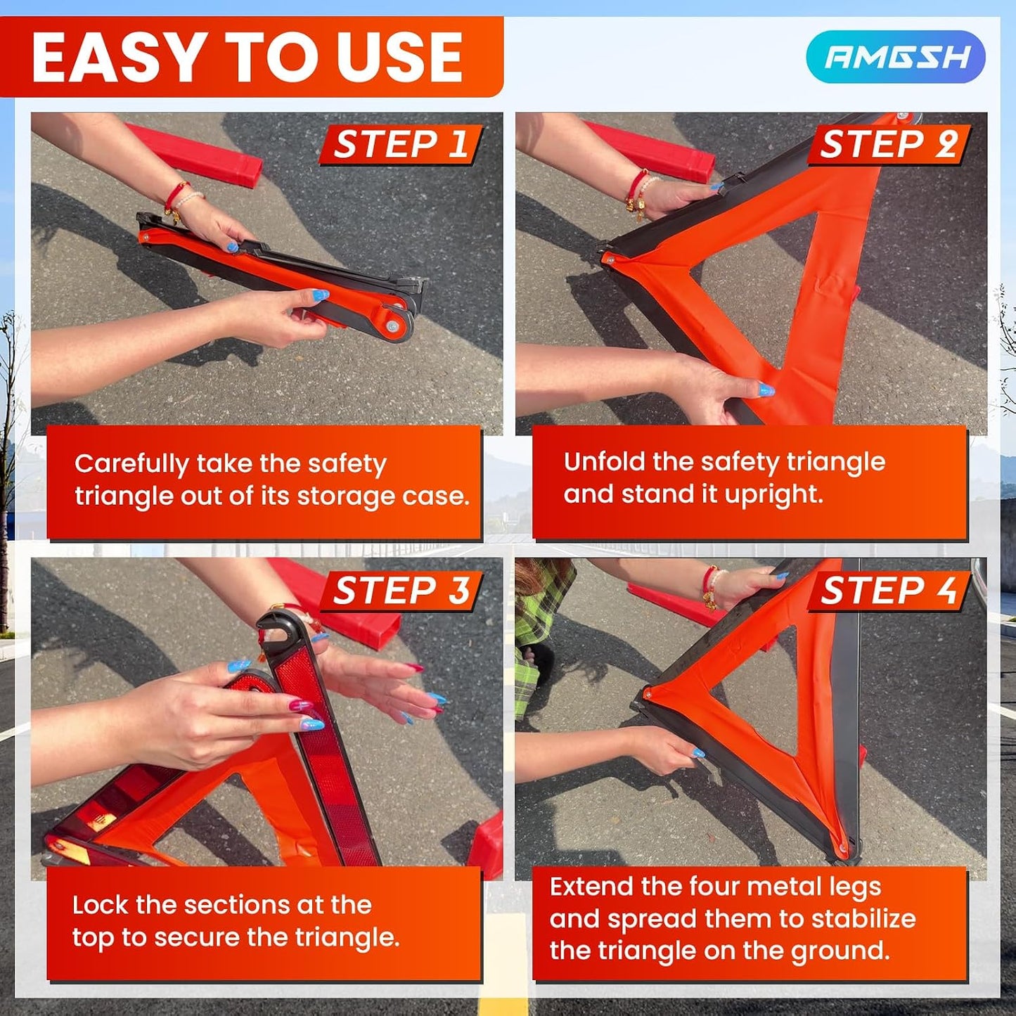2 Pack Emergency Triangle + 2 Pack Reflective Vest, Foldable Reflective Emergency Triangles Roadside with Reflective Warning Vest, Base Roadside Triangle Kit, Roadside Emergency Car Kit