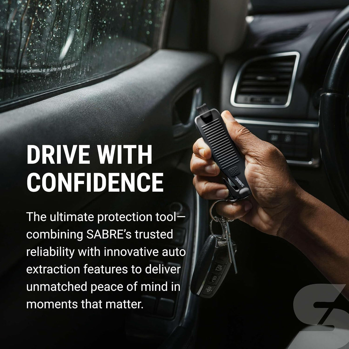 Sabre Safe Escape™ 3-in-1 Car Escape Tool for Car Safety with Spring-Loaded Window Breaker, No Swing Required, Seat Belt Cutter, LED Flashlight, Compact Auto Safety Tool for Emergencies