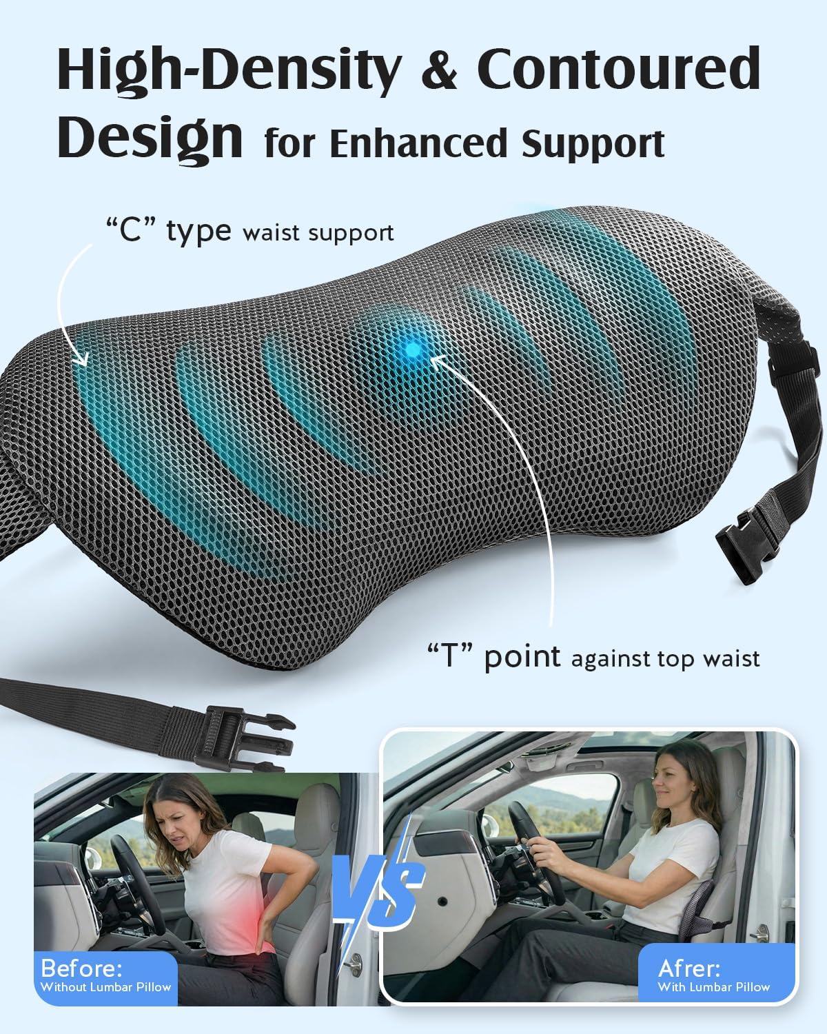 YFONG Lumbar Support Pillow for Car Seat, Back Support with Adjustable Straps Securely Fixed for Driving Seat Pain Relief, Office Chair Car Essentials Back Cushion, Grey