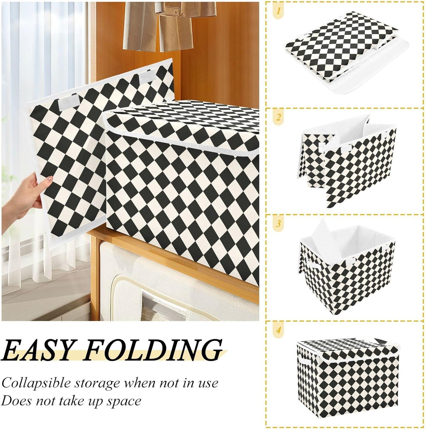 CaTaKu Large Fabric Storage Bins With Lids,Black and White Checkered Storage Boxes With Handles for Organizing Clothes, Collapsible Storage Cube Bins Baskets for Shelves