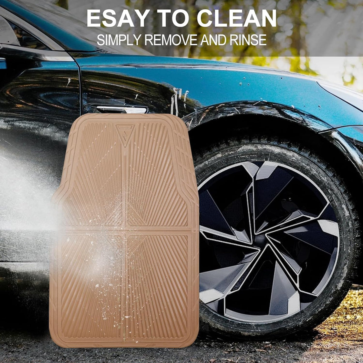 CAR PASS Rubber Car Mats,Car Floor Mats All Weather, Waterproof Trim-to Fit Automotive Floor Mats for Cars Trucks SUV,Anti-Slip Easy Clean, Heavy Duty Car Mats Full Set 3-Piece,All Beige