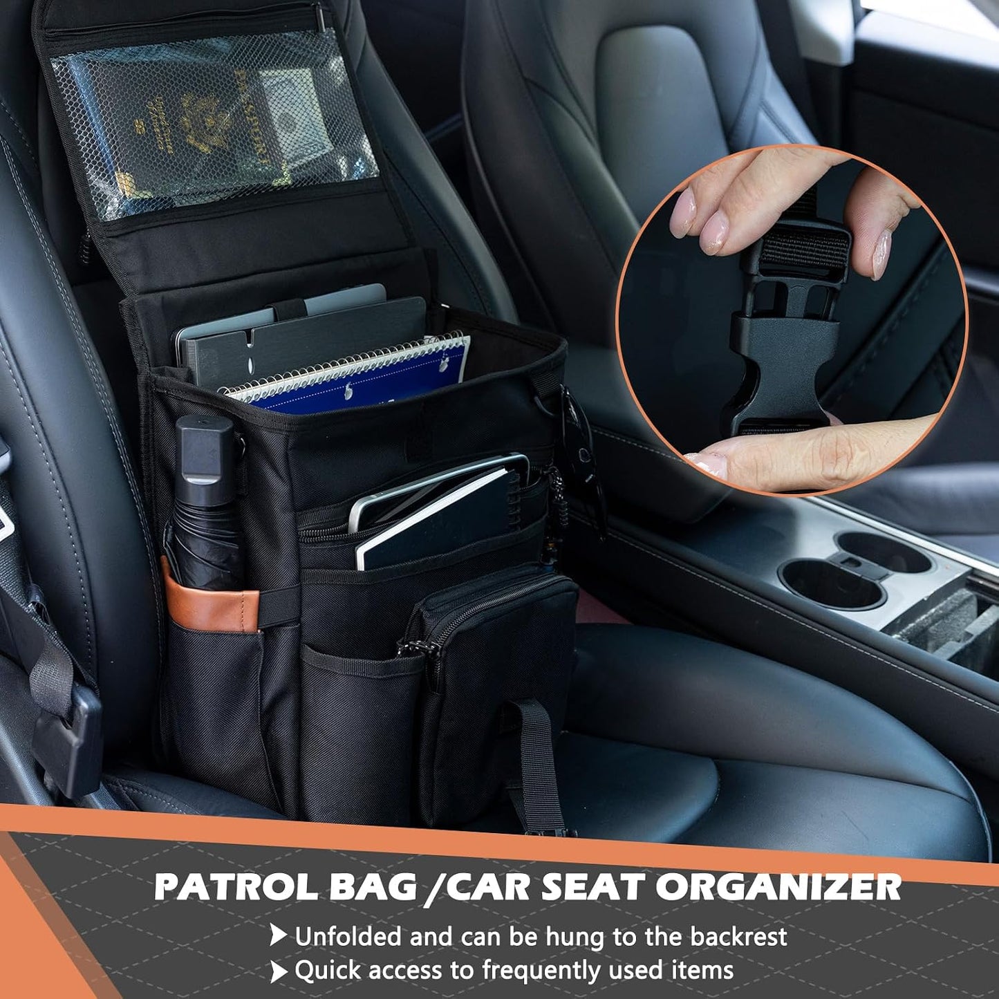 Car Seat Organizer with Lid and Laptop Compartment (Fits 15.6"), Front Seat Passenger Organizer with Adjustable Strap, Multiple Pockets, Portable Office Bag, Water-Resistant 1200D Polyester